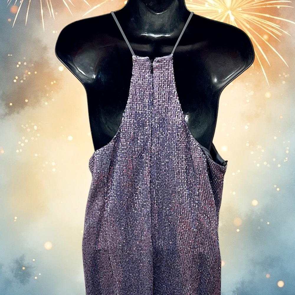 NWT Sexy Halston Sleeveless Silver Sequined Midi Dress - Picture 2 of 7